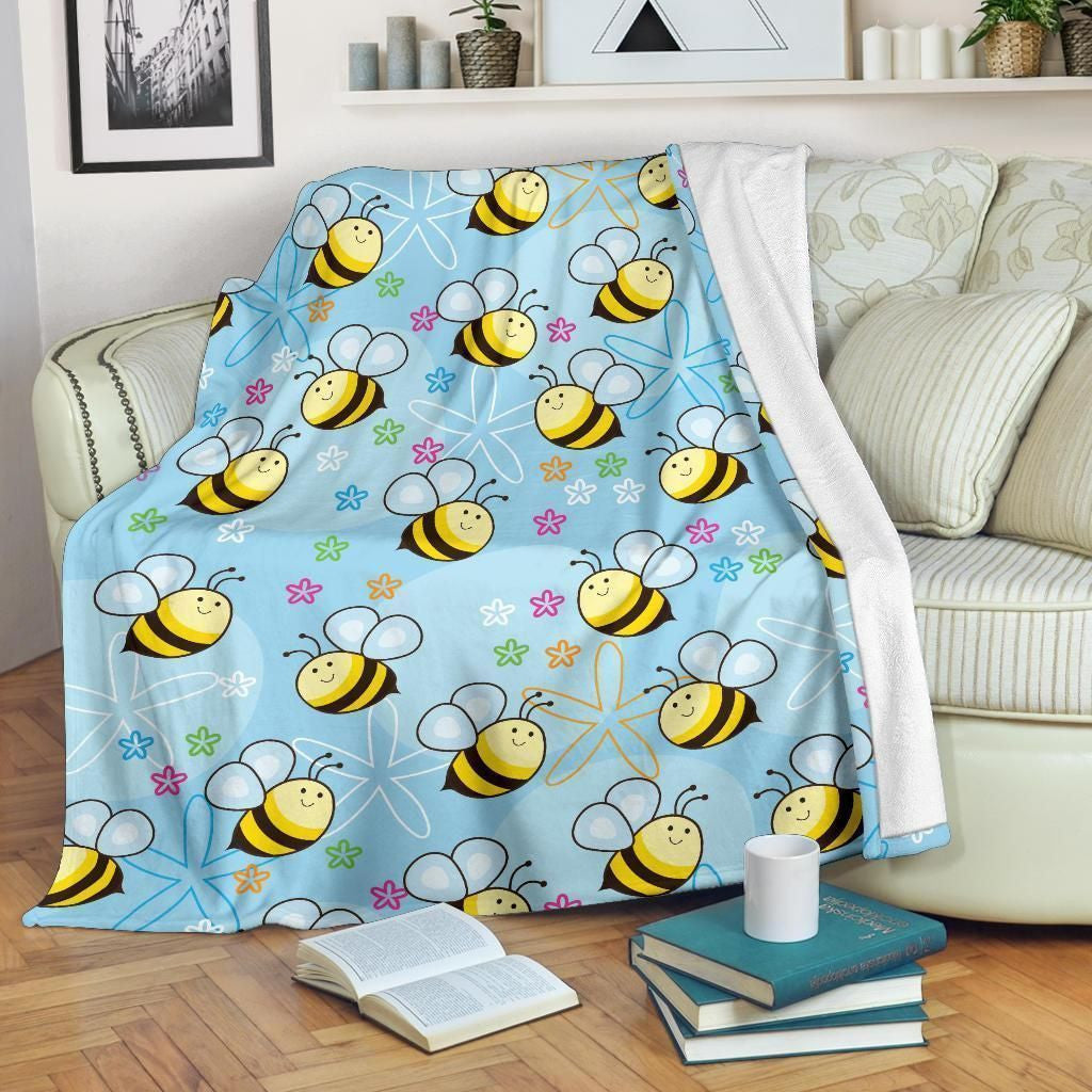 Bee Pattern Print Design Blue Fleece Blanket