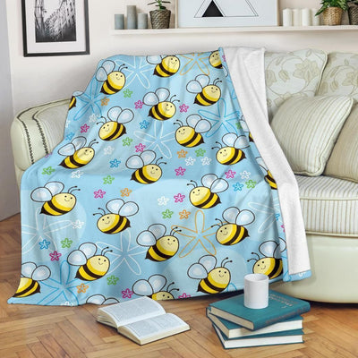Bee Pattern Print Design Blue Fleece Blanket