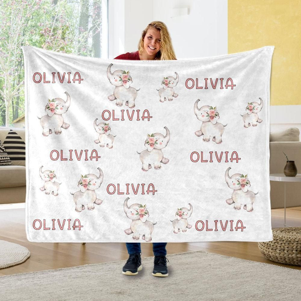 Gift For Olivia Little Elephant Custom Name Fleece Blanket