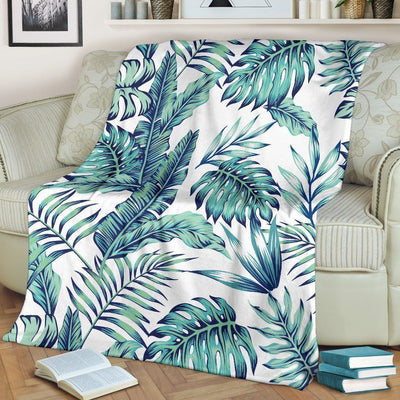 Green And White Pattern Tropical Palm Leaves Fleece Blanket