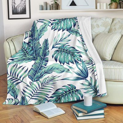 Green And White Pattern Tropical Palm Leaves Fleece Blanket