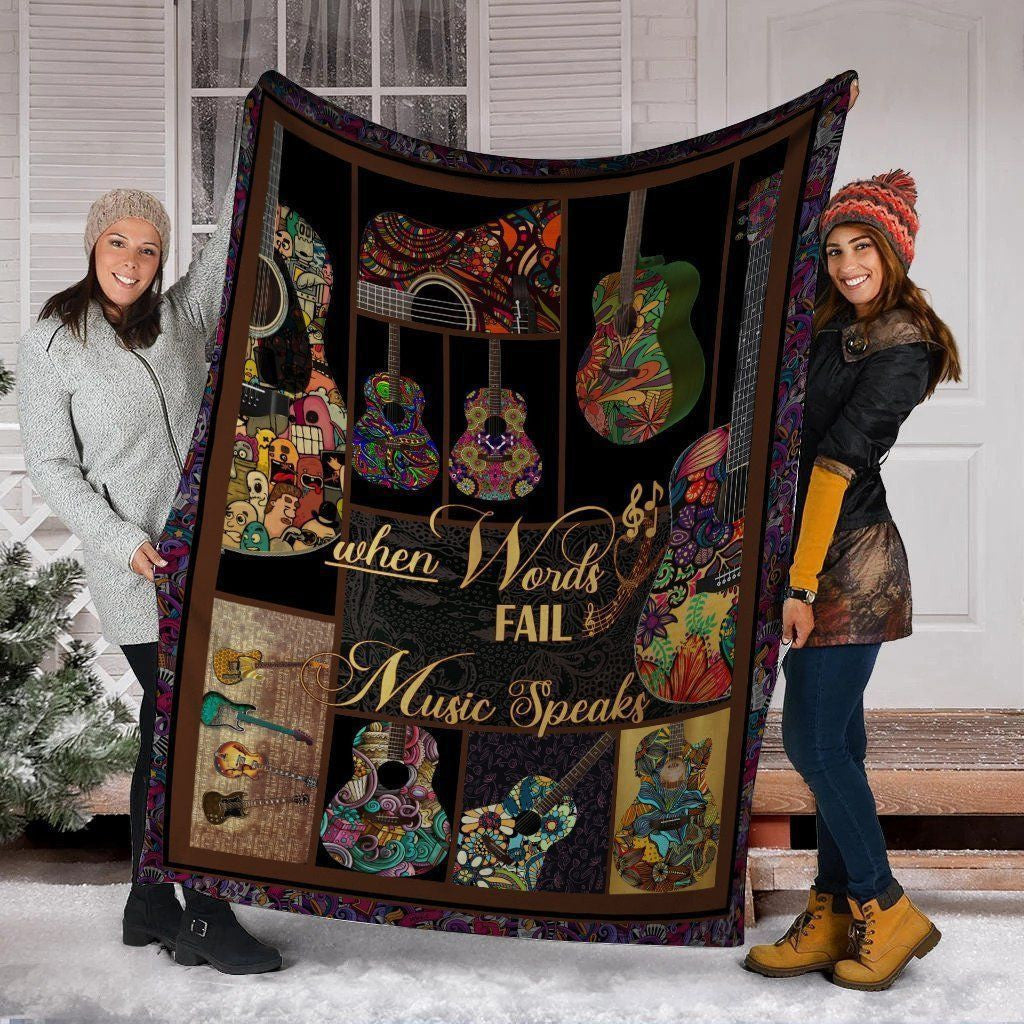 When Words Fail Music Speaks Guitar Hippie Fleece Blanket