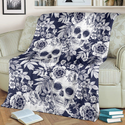 Skull Floral Beautiful Back And White Fleece Blanket