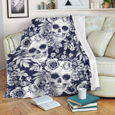 Skull Floral Beautiful Back And White Fleece Blanket