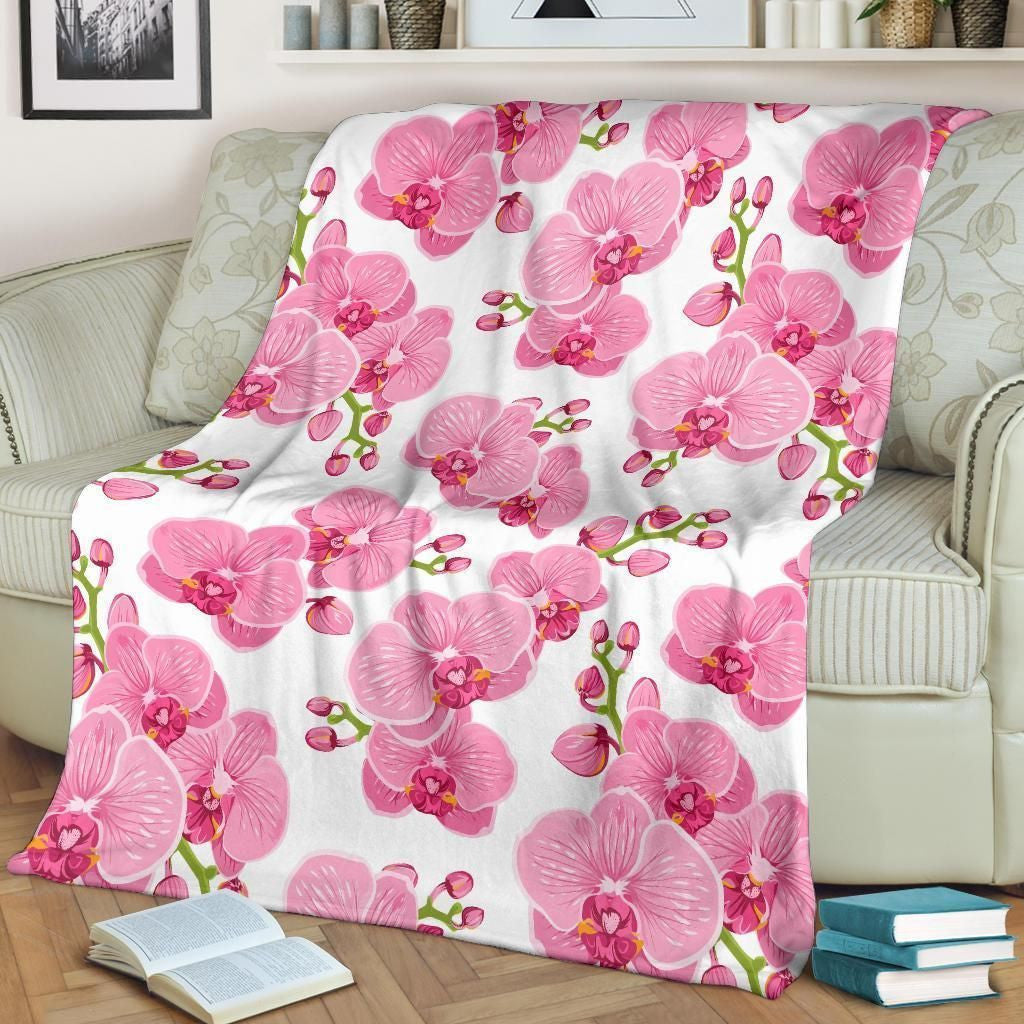 Orchid Pink Pattern Print Design White Fleece Blanket