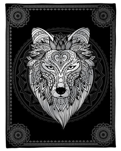 Wolf Face Circle With Mandala Pattern Fleece Blanket Fleece Blanket