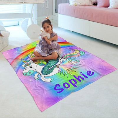 Mermaid & Rainbow Unicorn Cozy Gift For Kids Custom Name Fleece Blanket