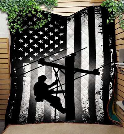 Black And White Lineman American Flag Quilt Blanket