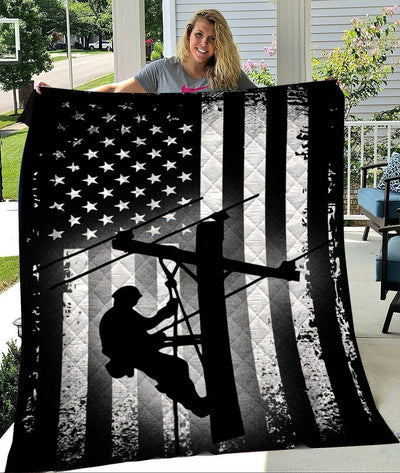 Black And White Lineman American Flag Quilt Blanket