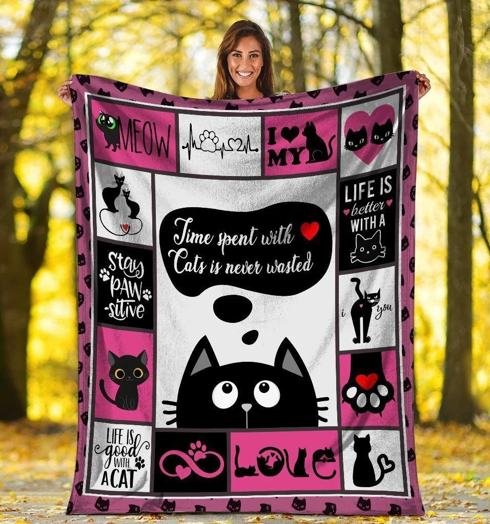 Black Cat Time Spent With Heart Cats Is Never Wasted Cat Fleece Blanket