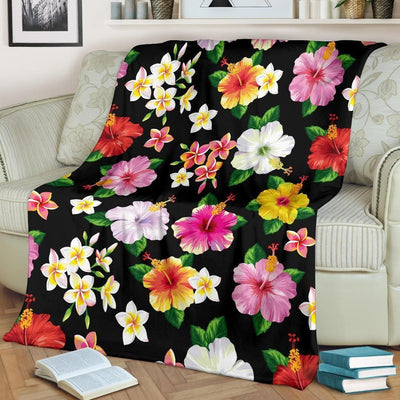 Colorful Hibiscus Pattern Print Design Black Fleece Blanket