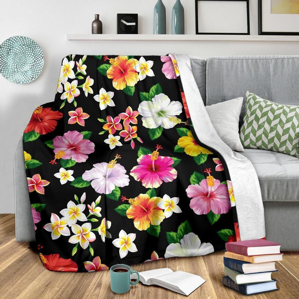 Colorful Hibiscus Pattern Print Design Black Fleece Blanket