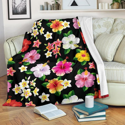 Colorful Hibiscus Pattern Print Design Black Fleece Blanket
