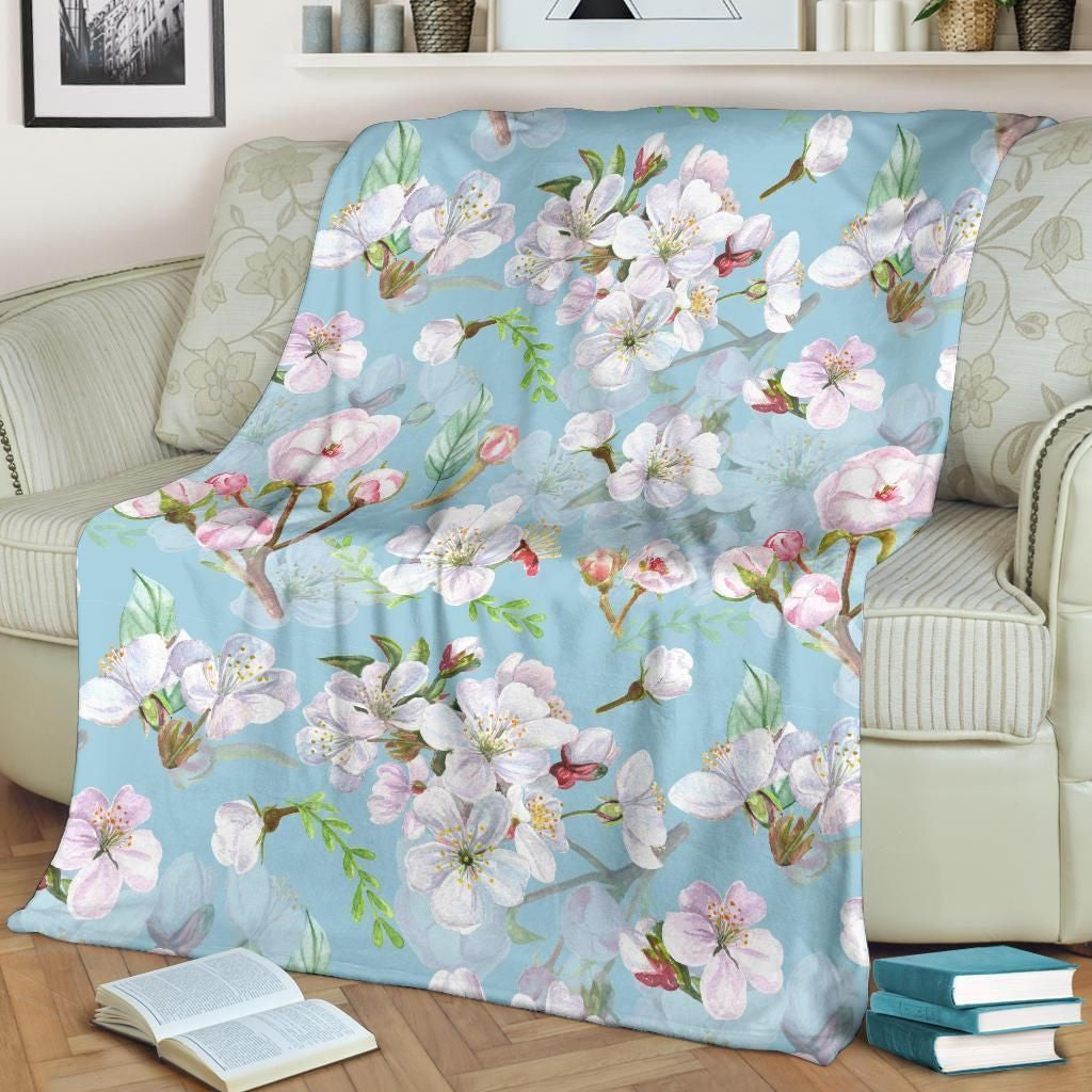 White Apple Blossom Pattern Print Design Blue Fleece Blanket