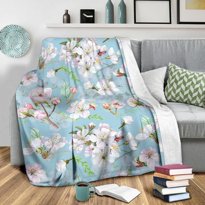 White Apple Blossom Pattern Print Design Blue Fleece Blanket