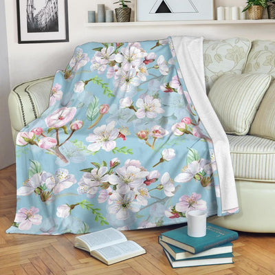 White Apple Blossom Pattern Print Design Blue Fleece Blanket