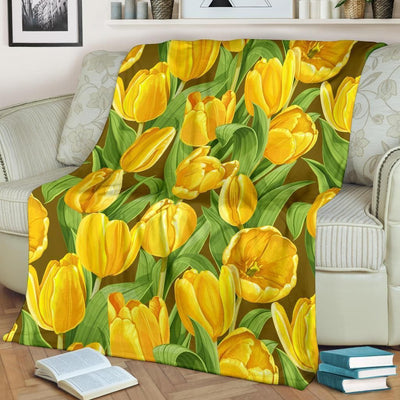 Tulip Yellow Pattern Print Design Green Fleece Blanket