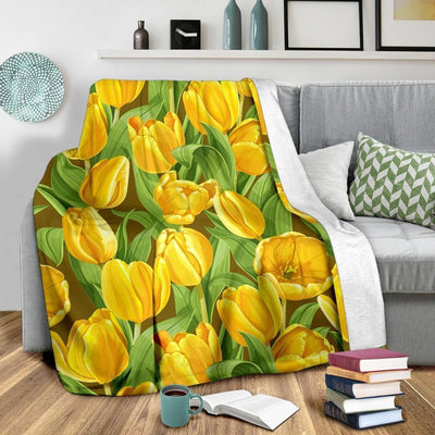 Tulip Yellow Pattern Print Design Green Fleece Blanket