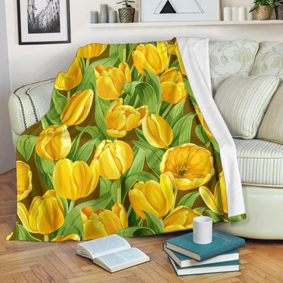 Tulip Yellow Pattern Print Design Green Fleece Blanket