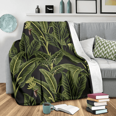Green Vintage Banana Leaf Pattern Printed Fleece Blanket