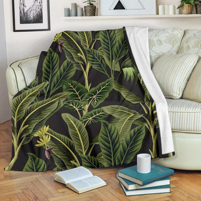 Green Vintage Banana Leaf Pattern Printed Fleece Blanket