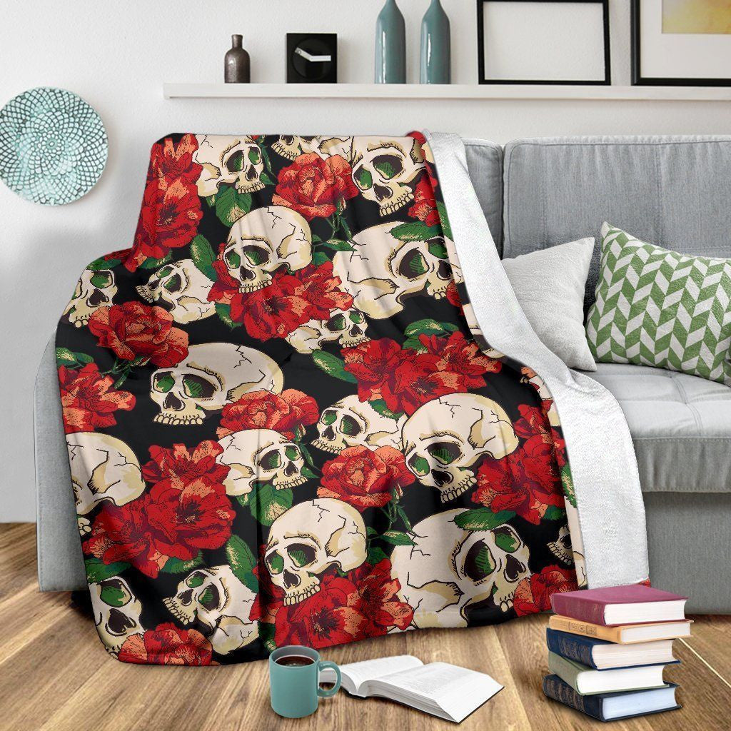 Skull Red Rose Black Soft Fleece Blanket