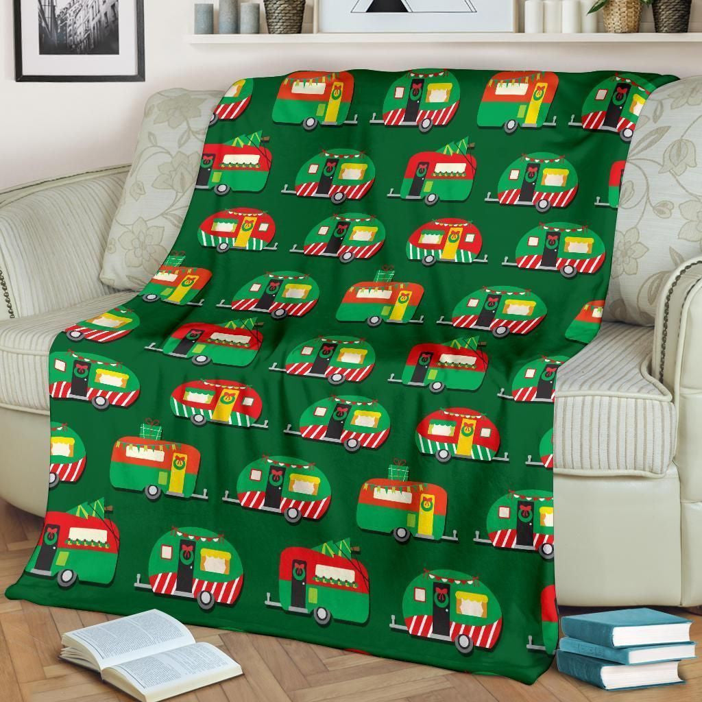 Camper Camping Christmas Themed Print Green Fleece Blanket
