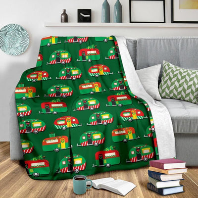 Camper Camping Christmas Themed Print Green Fleece Blanket
