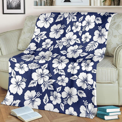 Blue And White Hibiscus Pattern Print Design Fleece Blanket
