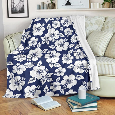 Blue And White Hibiscus Pattern Print Design Fleece Blanket