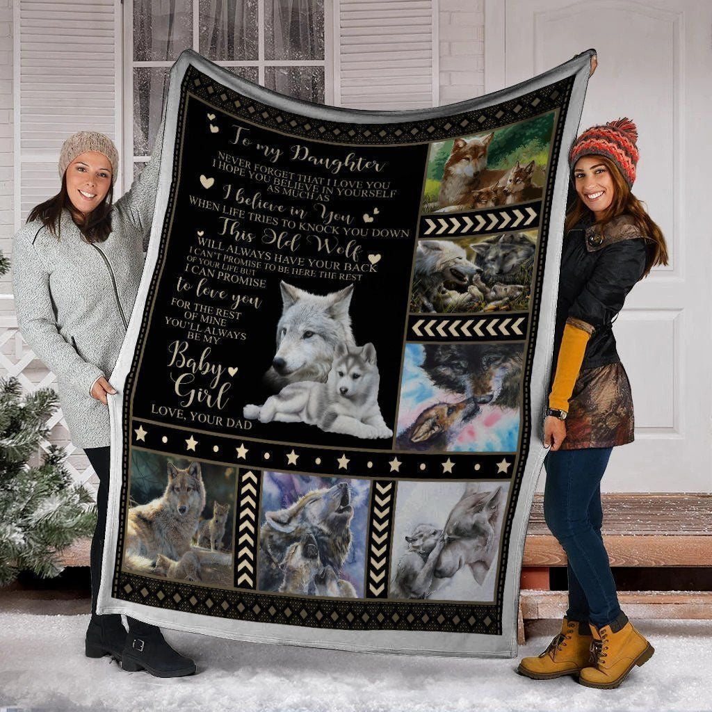 To My Daughter Dad And Daughter Wolf Soft Fleece Blanket