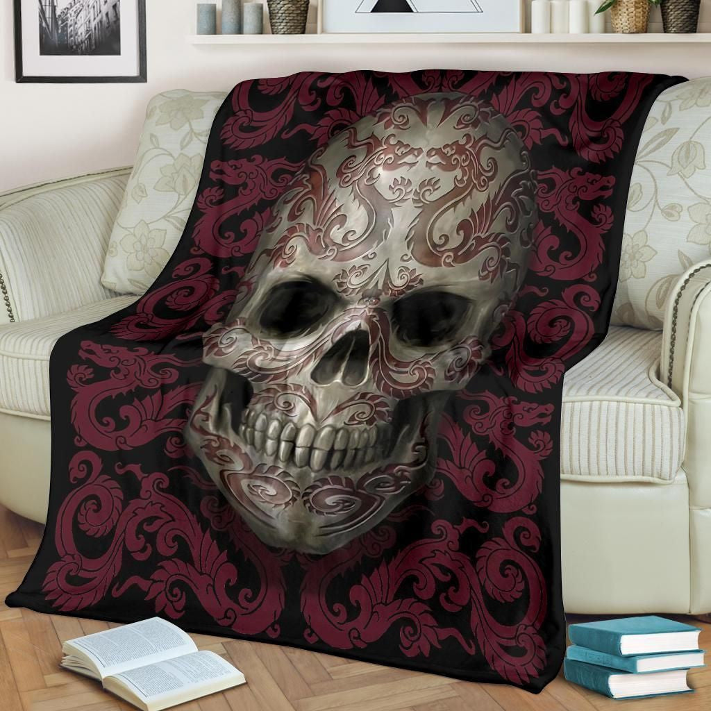 Tattoo Dragon Skull Head Printed Fleece Blanket