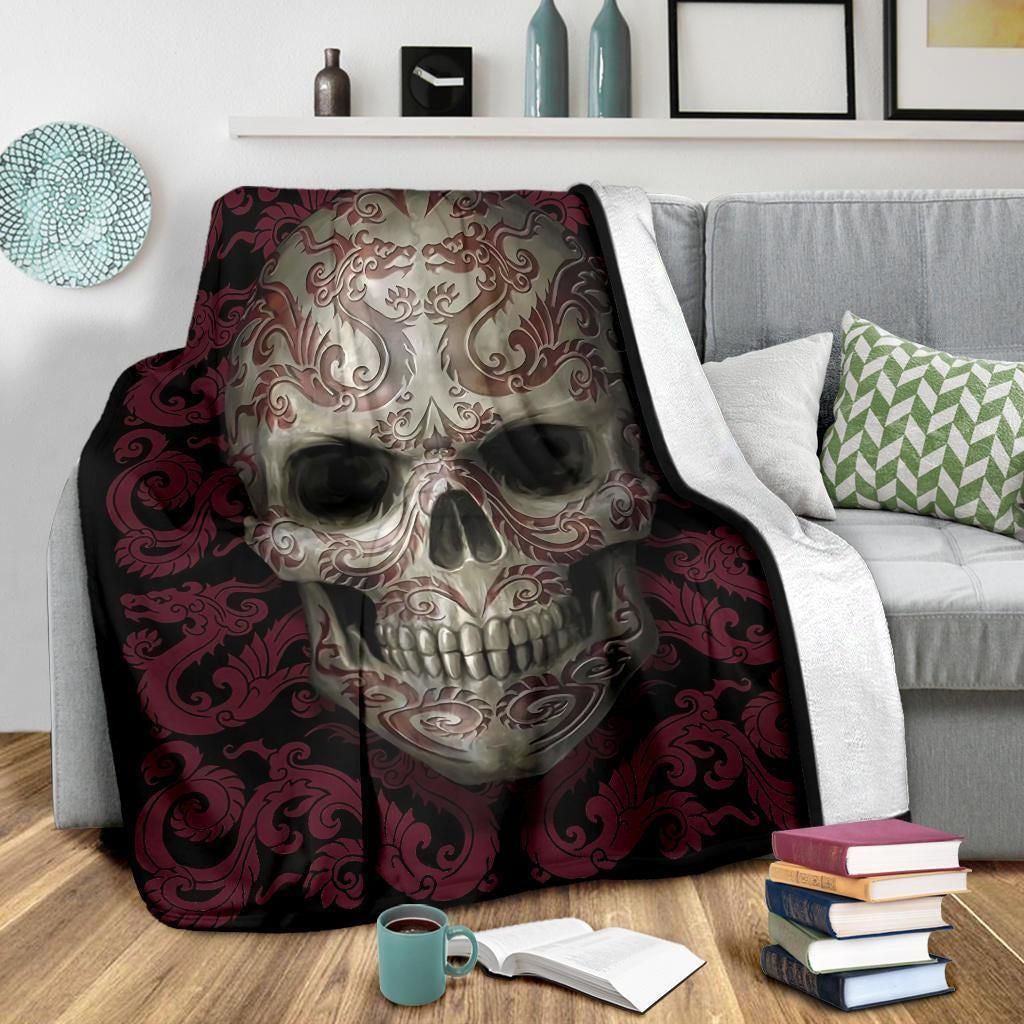 Tattoo Dragon Skull Head Printed Fleece Blanket