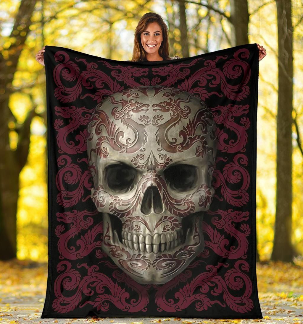 Tattoo Dragon Skull Head Printed Fleece Blanket