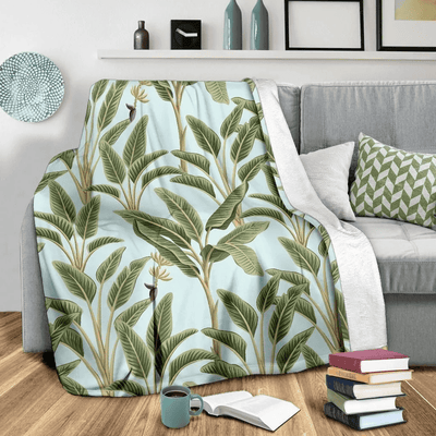 Green Banana Leaf Design Print Blue Fleece Blanket