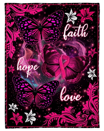 Faith Hope Love With Butterflies Design Breast Cancer Awareness Fleece Blanket