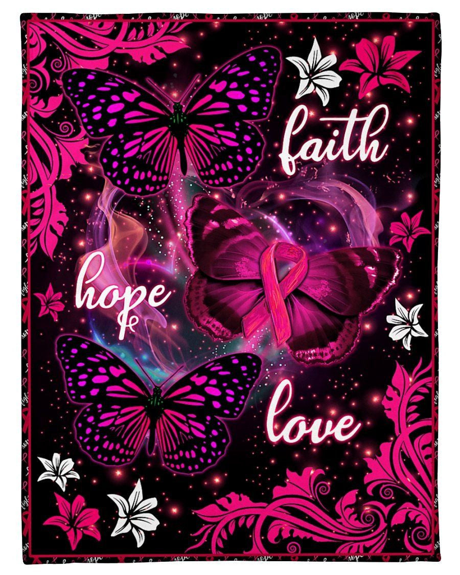 Faith Hope Love With Butterflies Design Breast Cancer Awareness Fleece Blanket