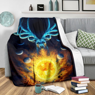 Graphic Deer Sun Universe Printed Fleece Blanket