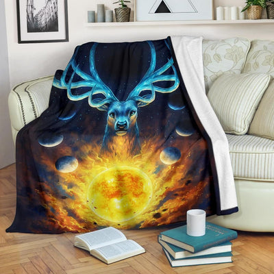 Graphic Deer Sun Universe Printed Fleece Blanket