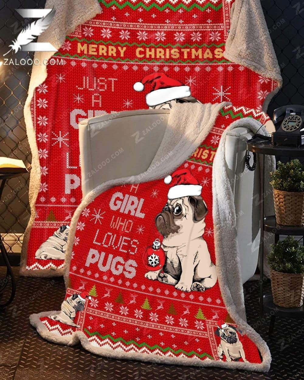 Fleece Blanket - Pug - Merry Christmas