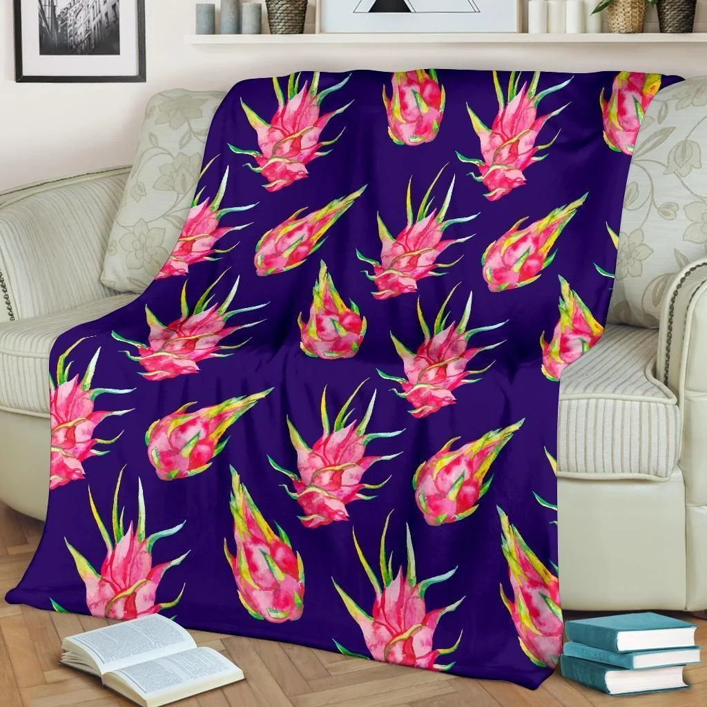 Dragonfruit Pattern Print Design Dark Blue Fleece Blanket