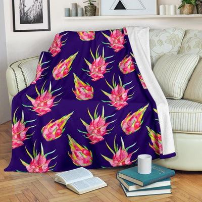 Dragonfruit Pattern Print Design Dark Blue Fleece Blanket