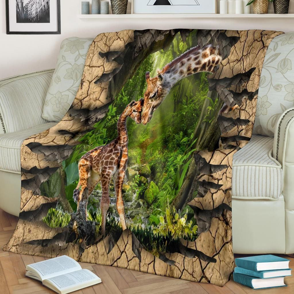 Baby And Mom Giraffe Photo Printed Fleece Blanket