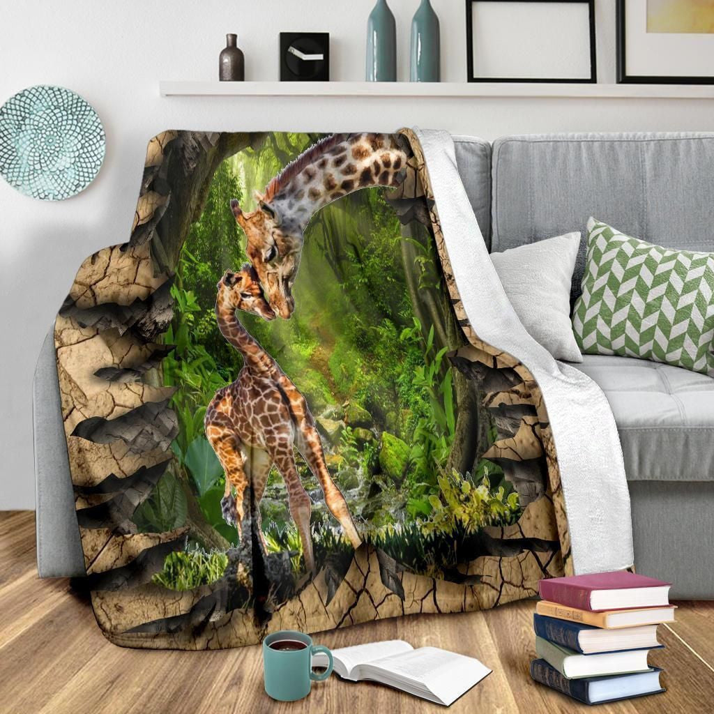 Baby And Mom Giraffe Photo Printed Fleece Blanket