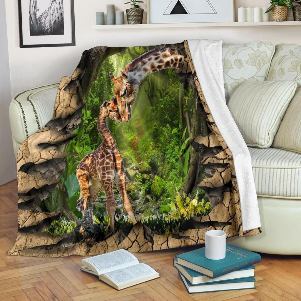 Baby And Mom Giraffe Photo Printed Fleece Blanket