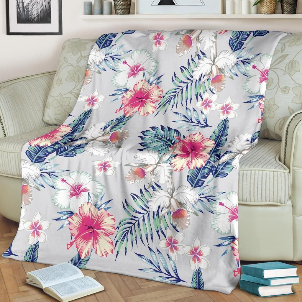 Hibiscus Print Gray Soft Fleece Blanket