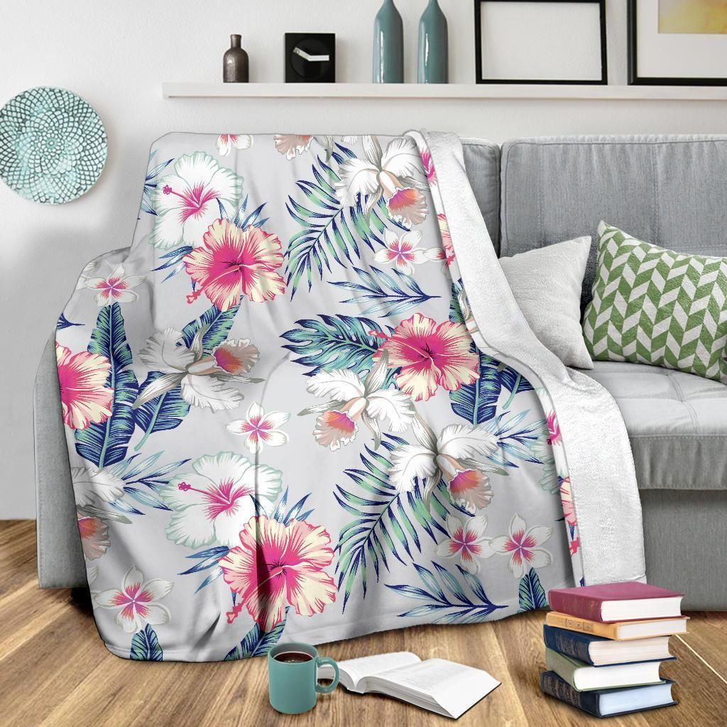 Hibiscus Print Gray Soft Fleece Blanket