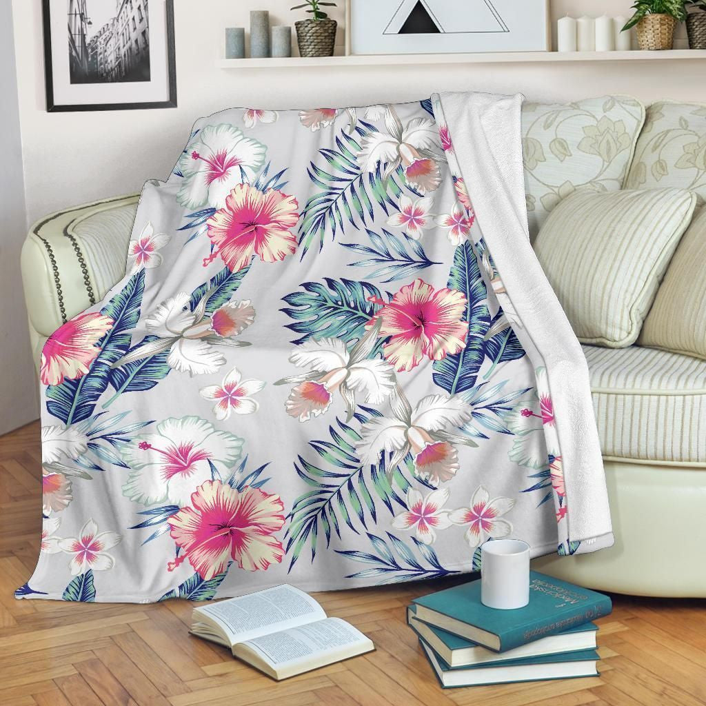 Hibiscus Print Gray Soft Fleece Blanket