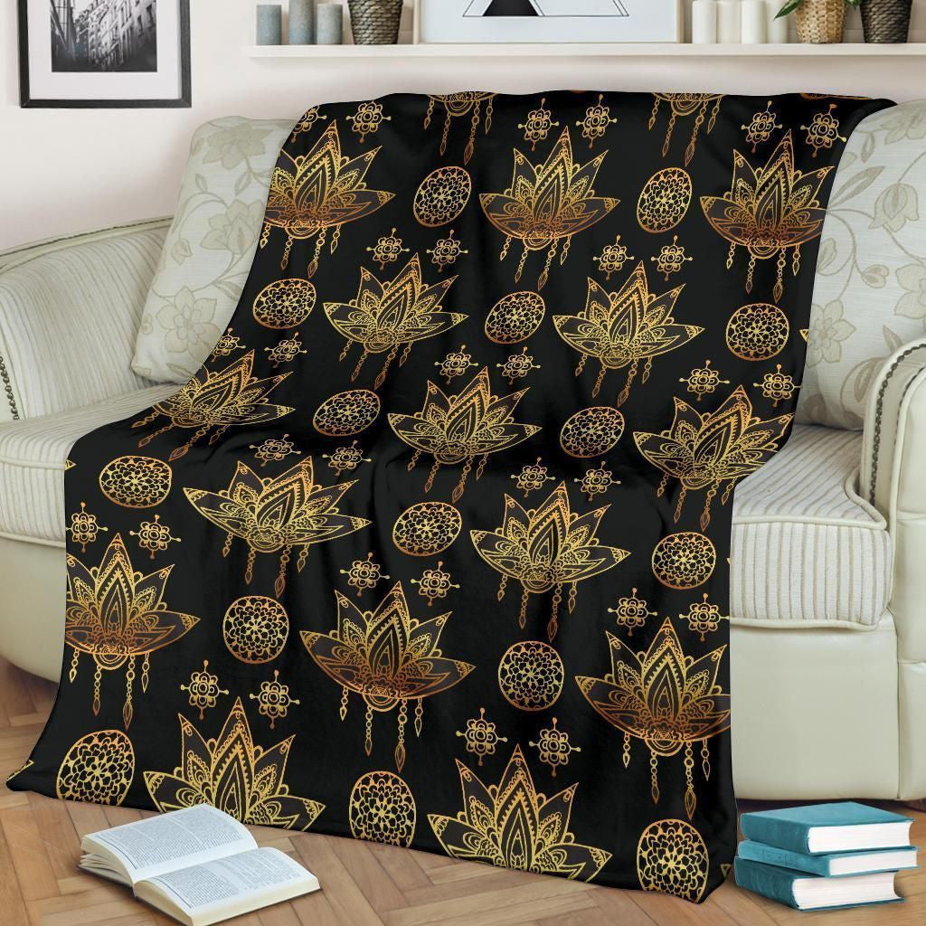 Lotus Boho Pattern Print Design Black Fleece Blanket