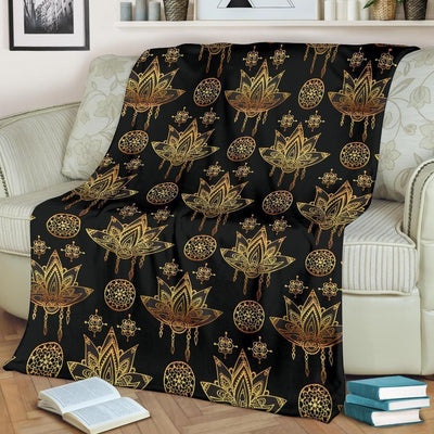 Lotus Boho Pattern Print Design Black Fleece Blanket